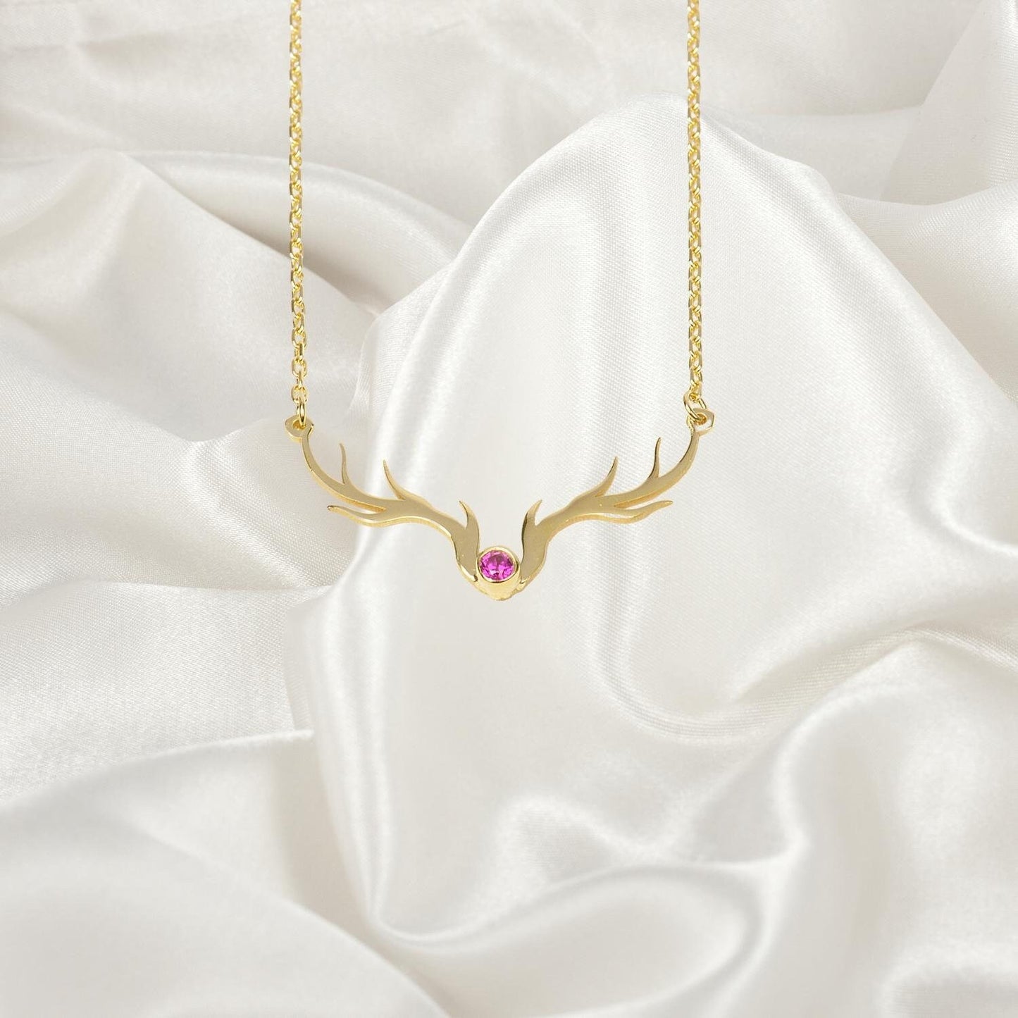 Deer Antler Necklace with Birthstone, Handmade Silver Buckhorn Christmas Gift, Elk Antler Pendant, Dainty Horn Jewellery