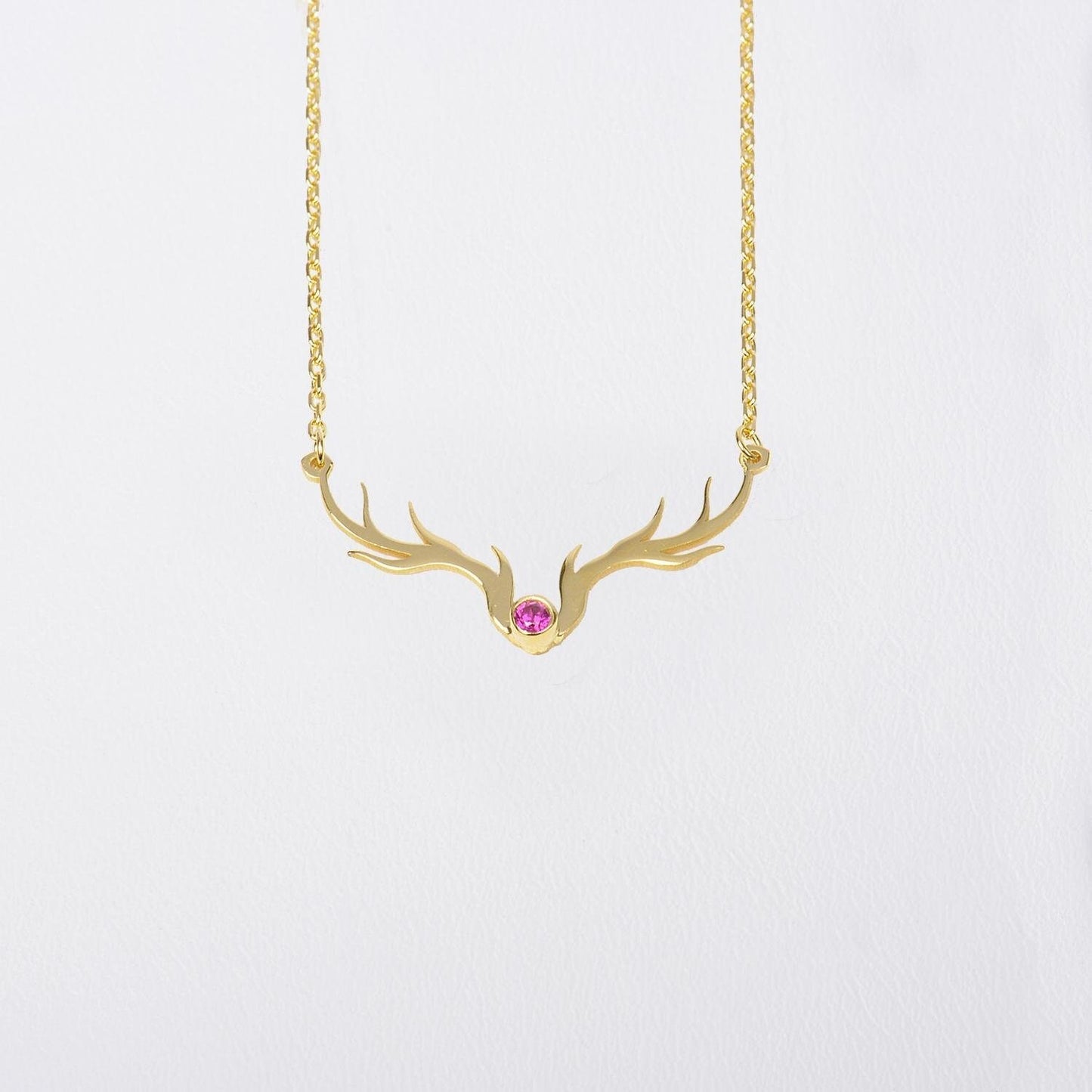 Deer Antler Necklace with Birthstone, Handmade Silver Buckhorn Christmas Gift, Elk Antler Pendant, Dainty Horn Jewellery