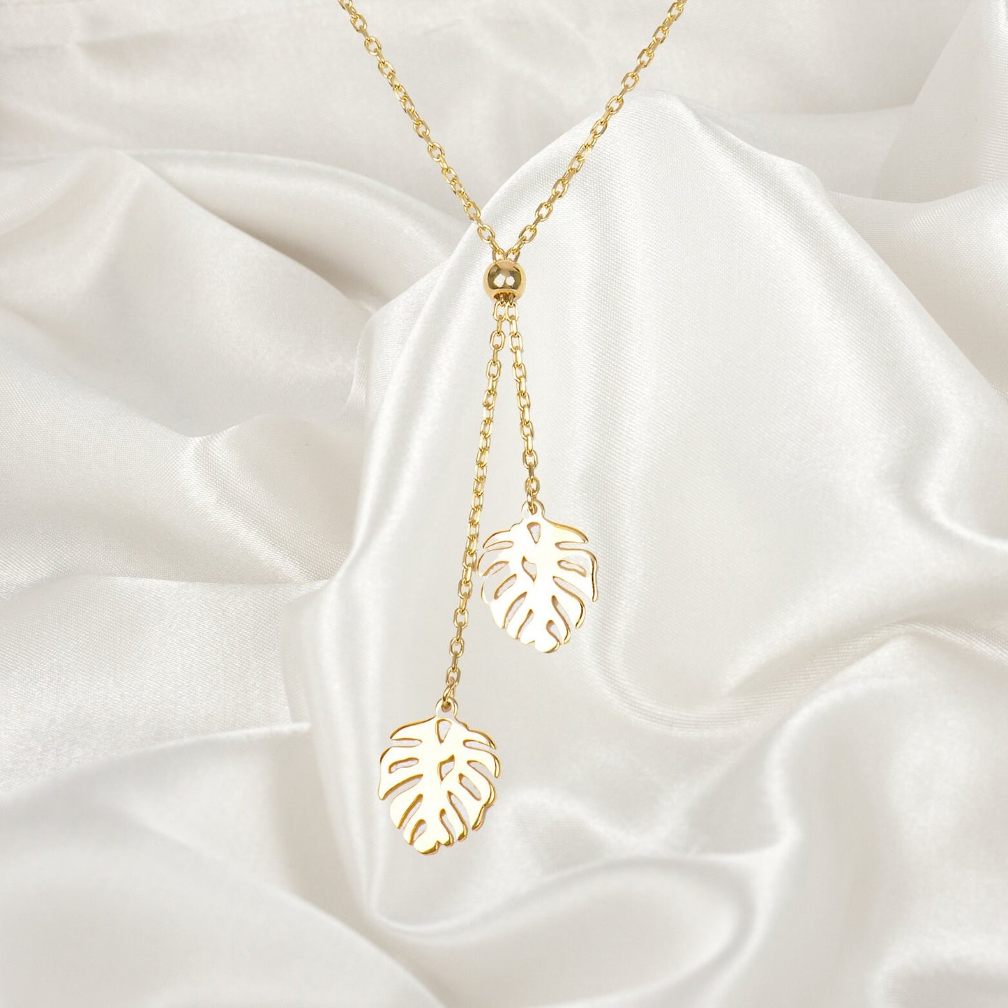 Double Leaf Necklace, 14K Gold Leaf Necklace, Gold Monstera Chain, Monstera Necklaces, Gift for Girlfriend, Shiny Birthday Gift for Her