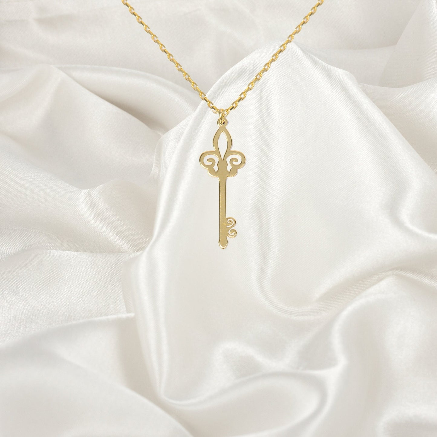 Fleur de Lis Key Necklace, Dainty Everyday Necklaces, Small Fleur de Lis Charm, Key Necklace, Small Key Jewelry, Gold Key Pendant, Key Gifts