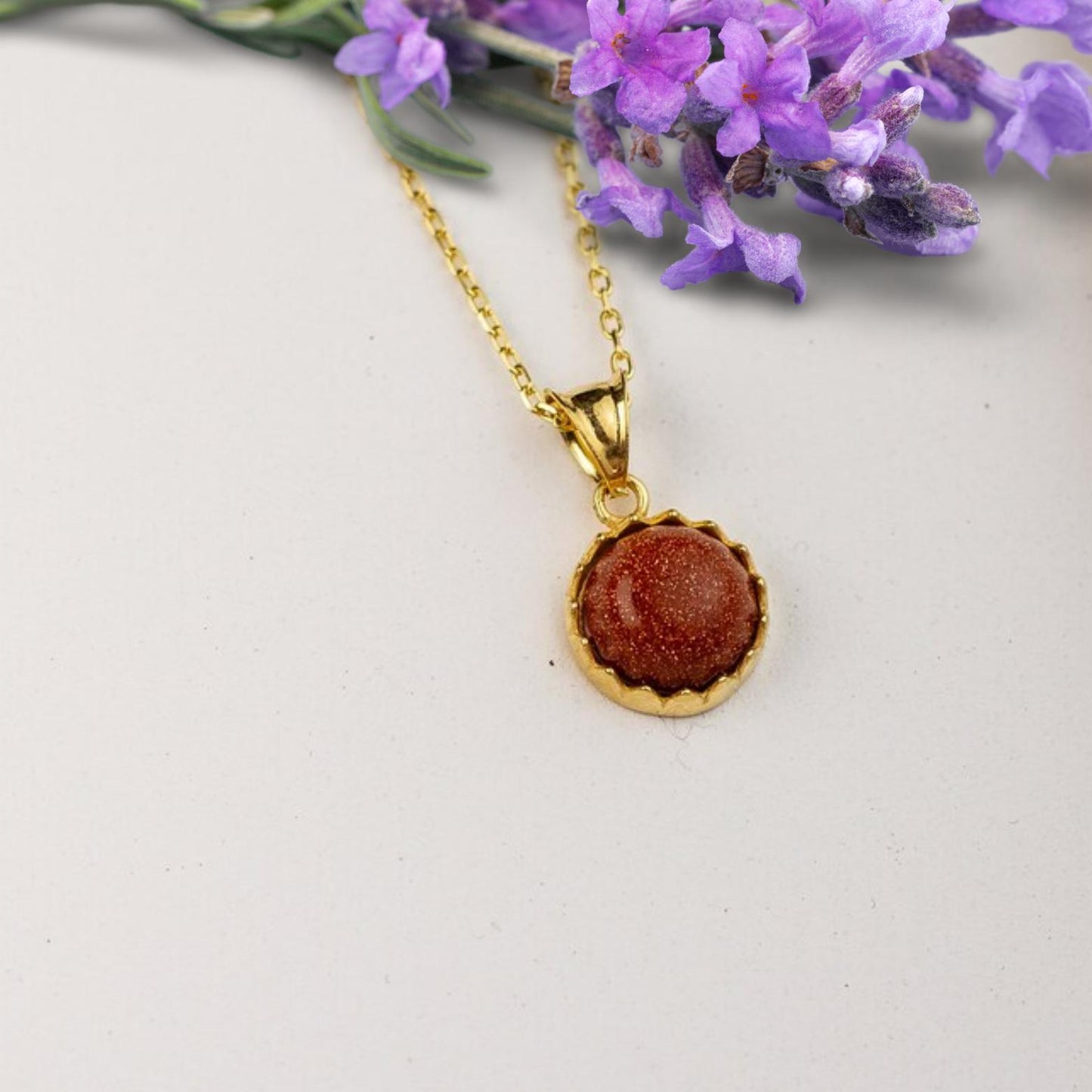 Goldstone Necklace, Gemstone Jewelry, GoldStone Round Pendant, Mini Crystal Pendant, Aura Necklace