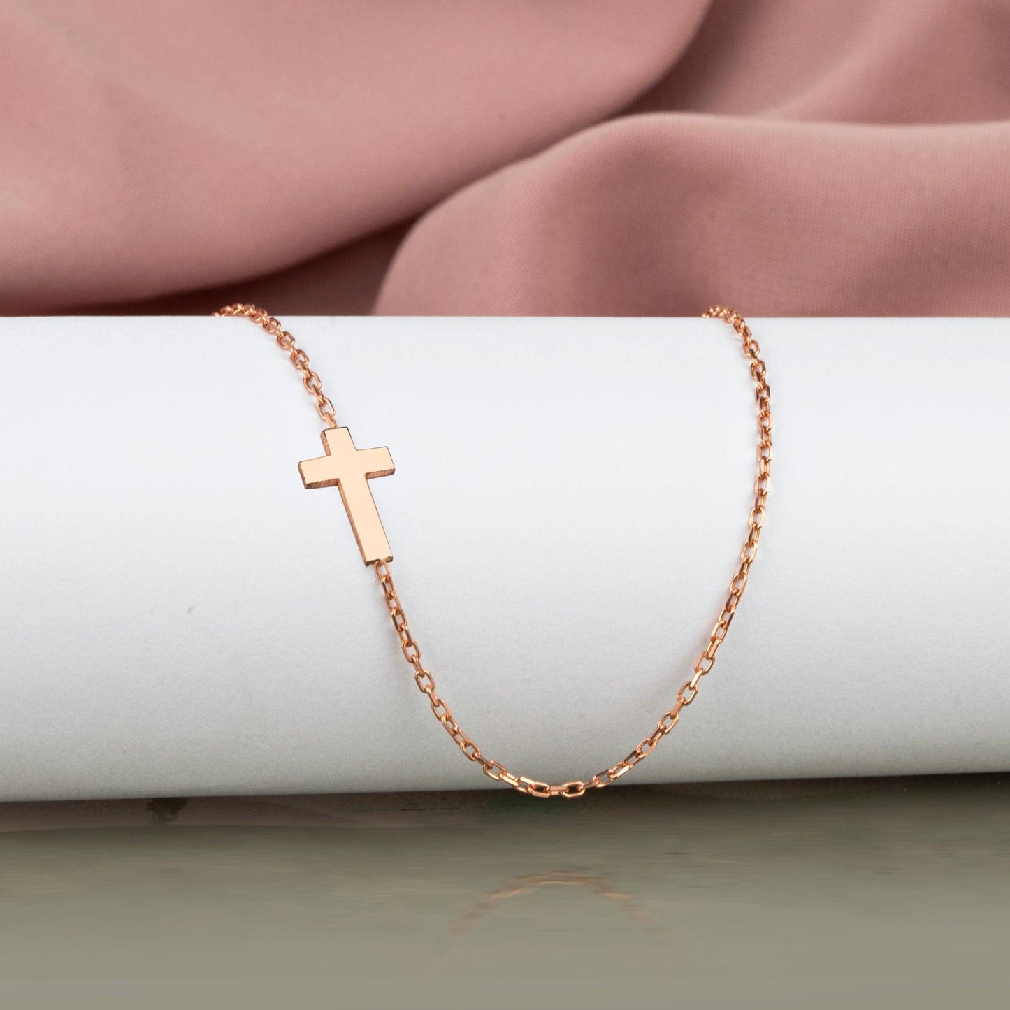 14K Solid Gold Cross Necklace, Sideway Gold Cross Necklace, Real Gold cross Jewelry, Christmas Gift, Cross Choker.