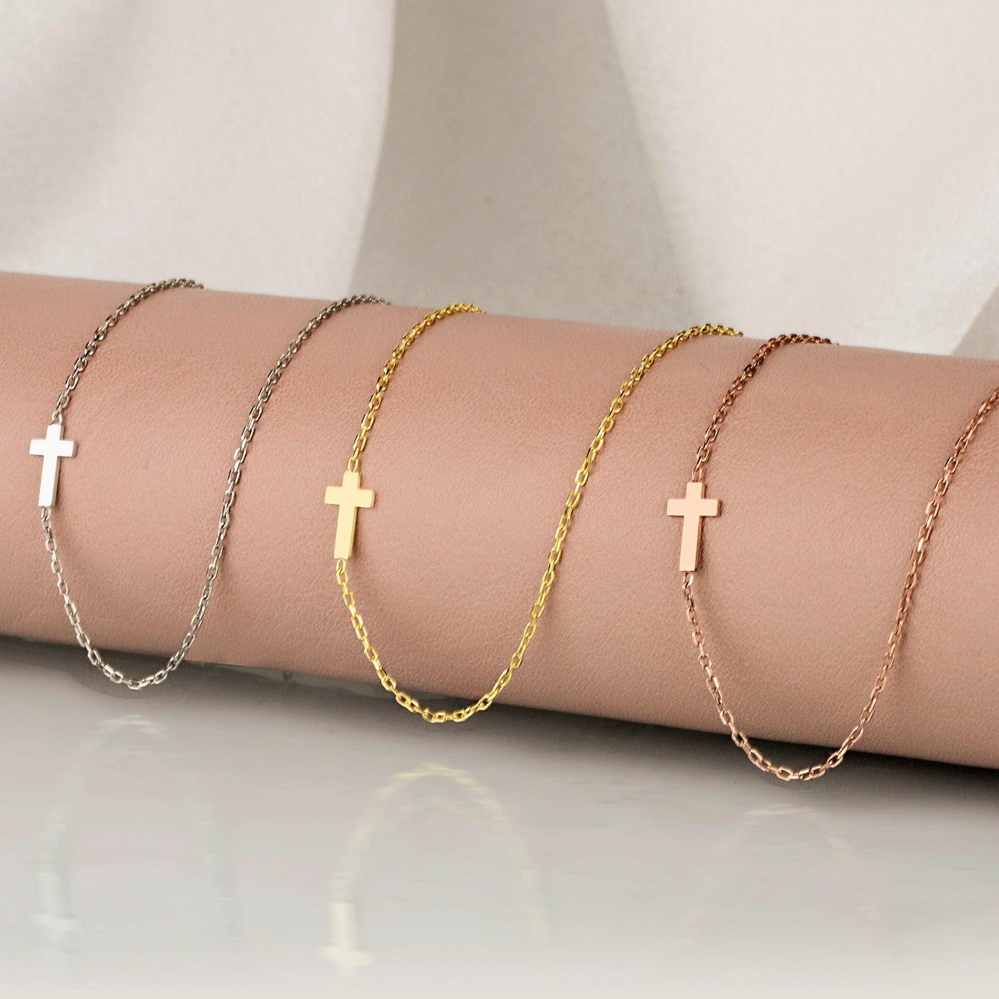 14K Solid Gold Cross Necklace, Sideway Gold Cross Necklace, Real Gold cross Jewelry, Christmas Gift, Cross Choker.