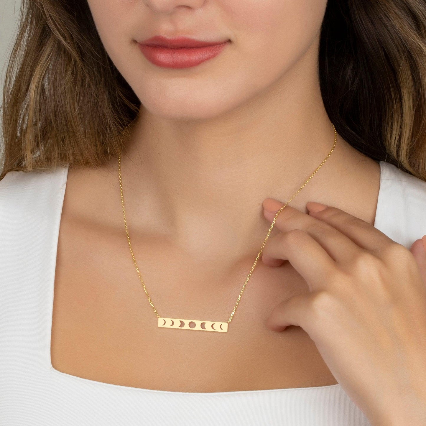 Valentine's Day Necklace, Moon Phase Necklace, silver bar necklace, Moon Phases Zodiac Jewelry, Celestial Boho Necklace.