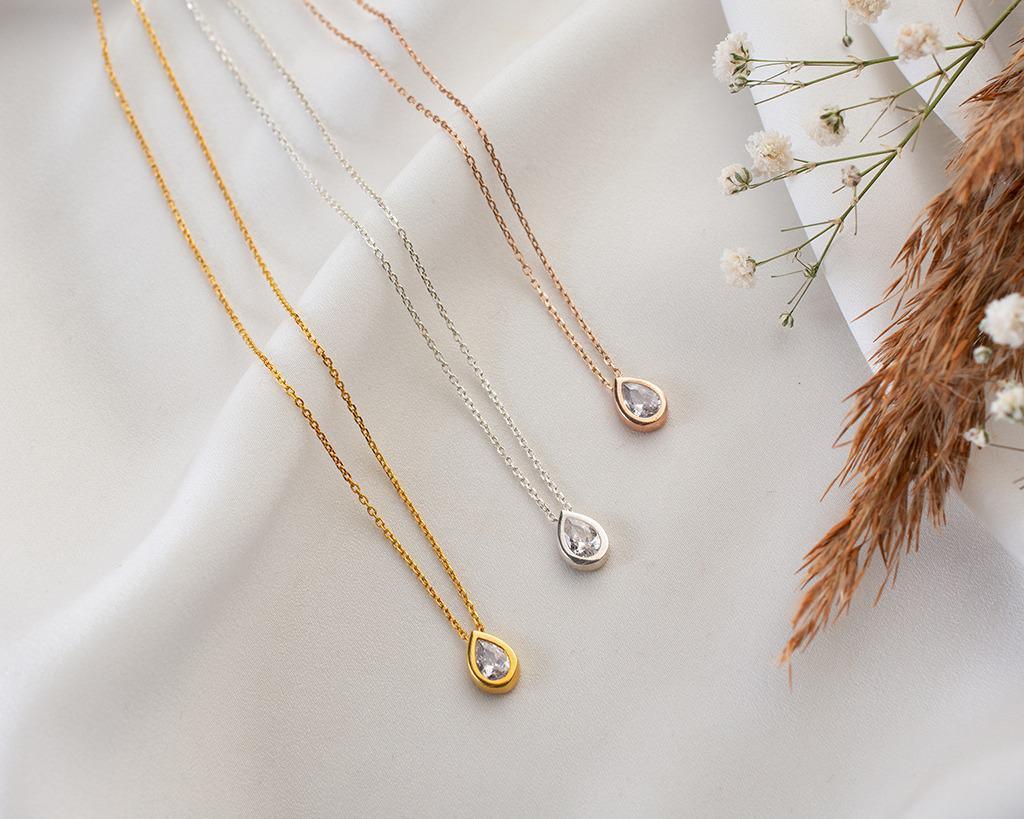 Silver Drop Bezel Necklace Valentines Day Delicate Diamond Necklace Solitaire Necklace Dainty Layered Necklace.
