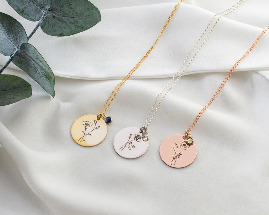 Silver Personalised Birth Flower and Birth Stone Necklace, Gold Minimalist Flower Pendant, Custom - Geniune Jewellery
