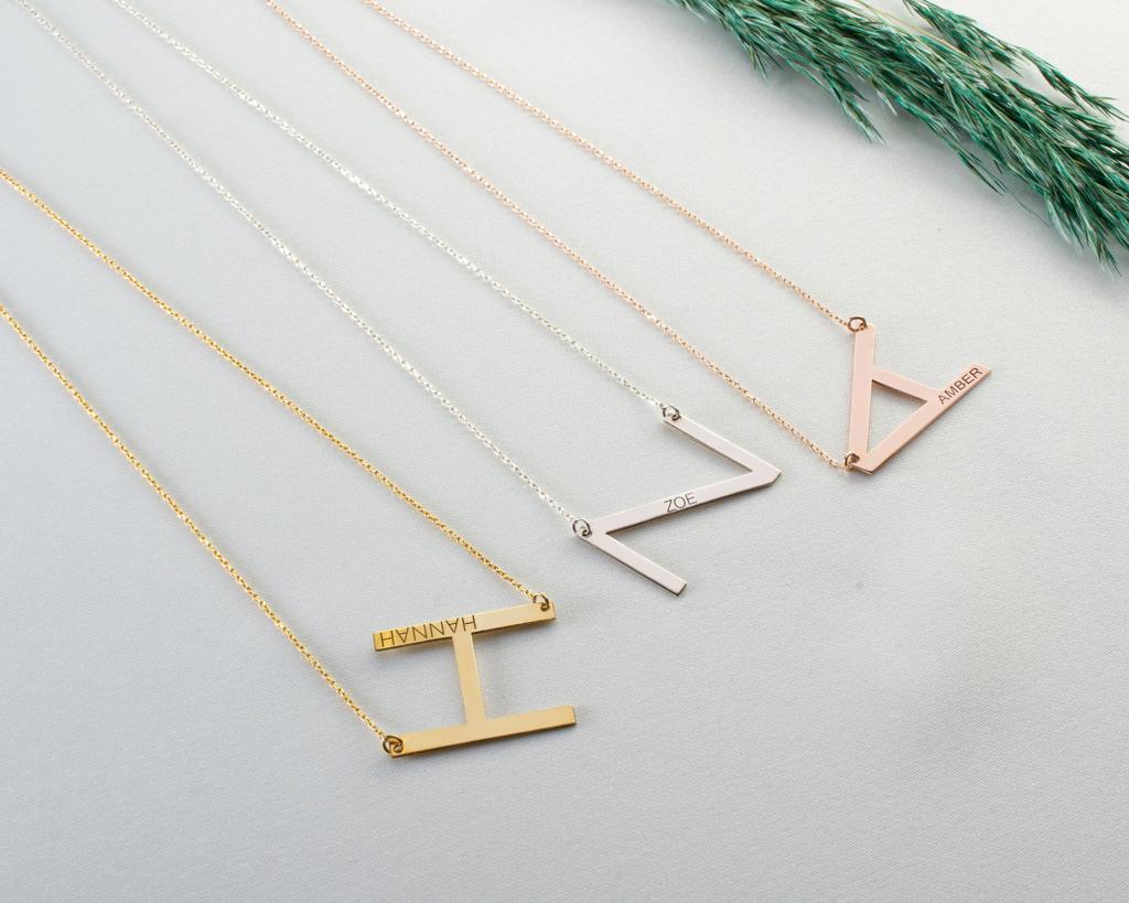Personalised Large Initial Necklace, Sideways Large Initial Necklace, Bride Bridesmaid Gift