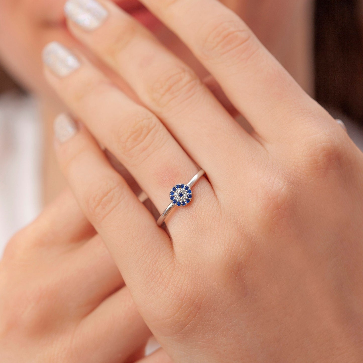 Adjustable Sterling Silver Evil Eye Ring, Protection Ring for Her, Good Luck Ring, Cz Stones Evil Eye Ring, Stackable Cz Ring, gift for BFF
