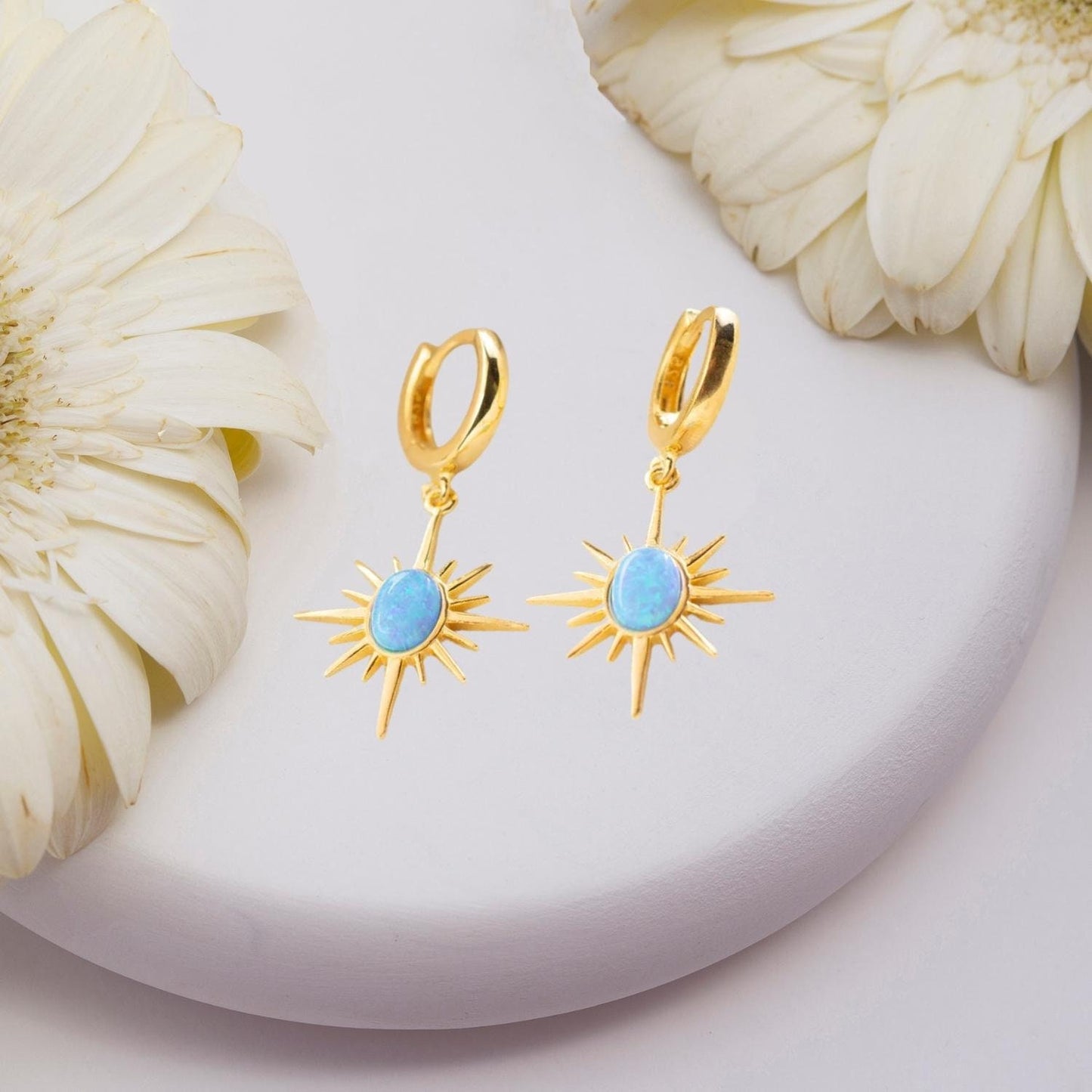 North Star Earrings 14K plated, 925 Silver Earrings, Blue Opal Earrings, North Star Opal Earrings, Opal Gemstone Earring, Minimalist Earring
