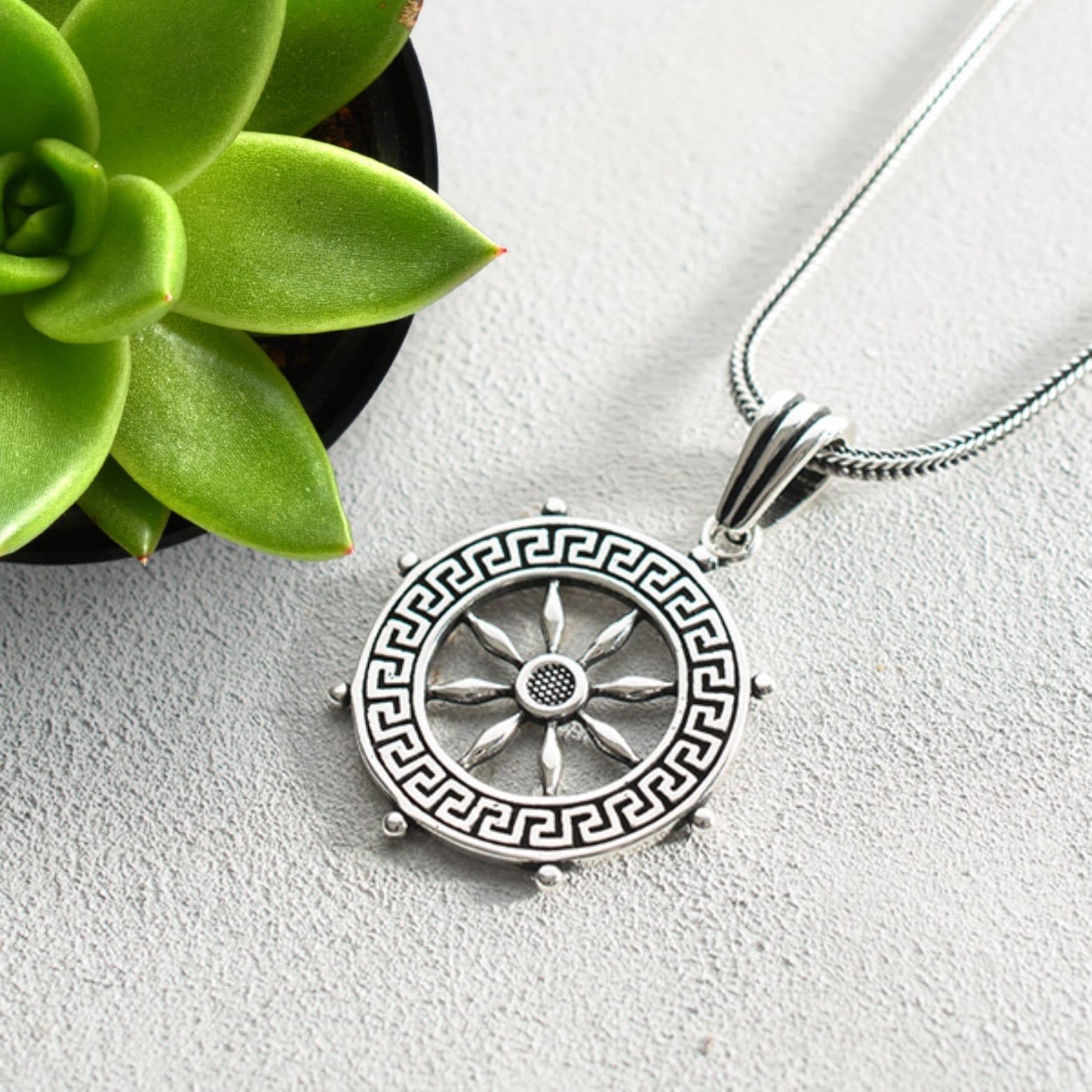Mens Silver Ship Wheel Necklace, Nautical Necklace, Anchor Pendant