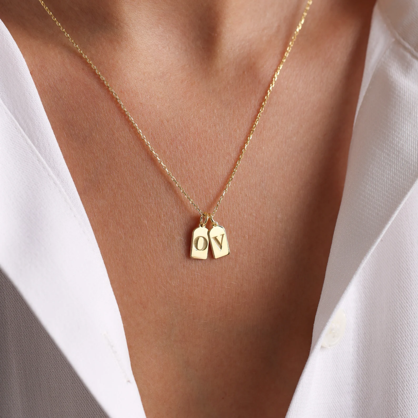 Initial Tag Necklace - Engraved Tag Necklace - Gold Letter Necklace