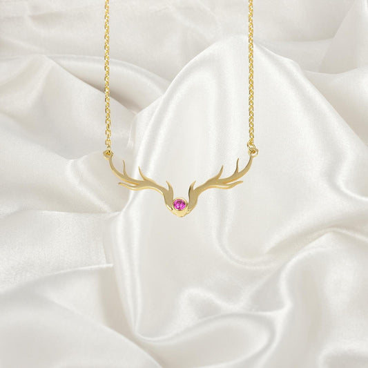 Deer Antler Necklace with Birthstone, Handmade Silver Buckhorn Christmas Gift, Elk Antler Pendant, Dainty Horn Jewellery