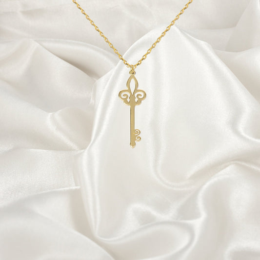 Fleur de Lis Key Necklace, Dainty Everyday Necklaces, Small Fleur de Lis Charm, Key Necklace, Small Key Jewelry, Gold Key Pendant, Key Gifts