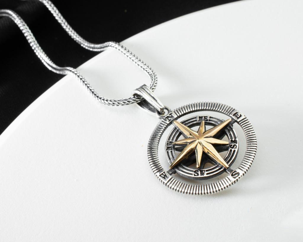Men's Stainless Steel Compass Pendant With 24