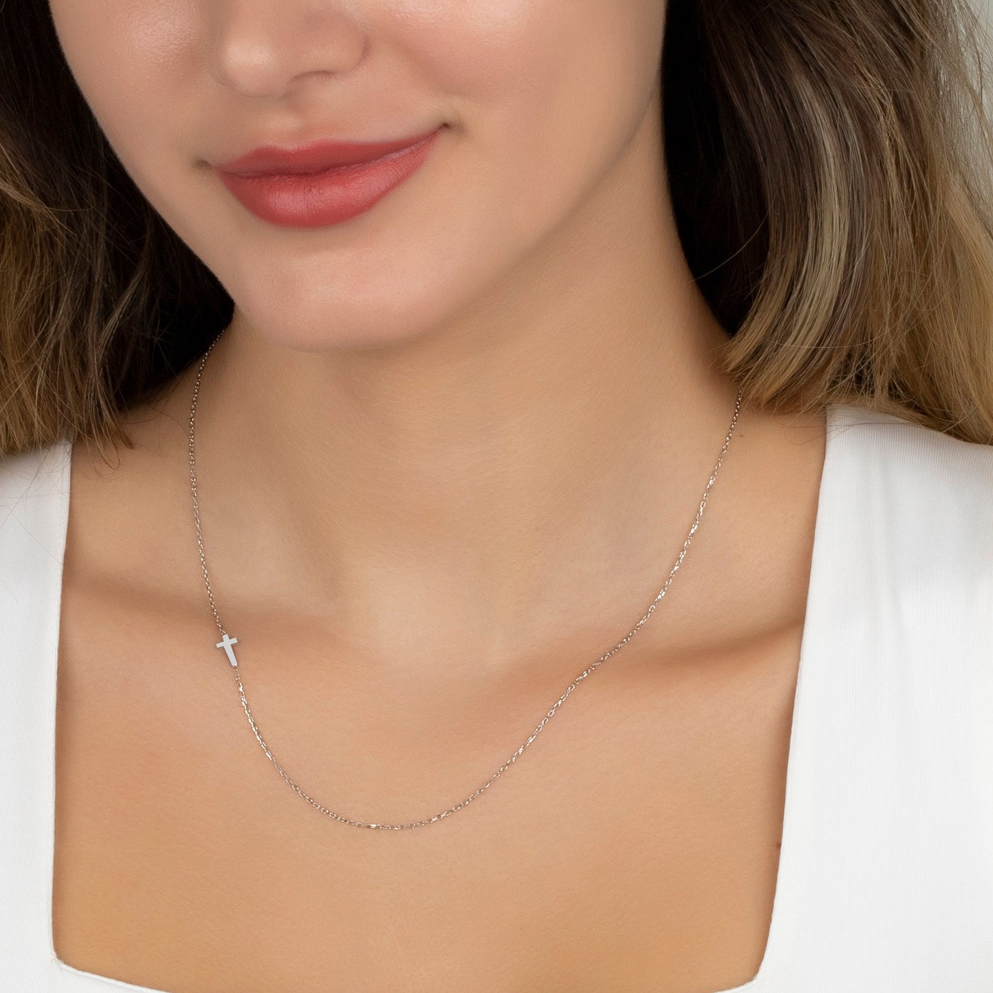 14K Solid Gold Sideways Cross Necklace, Christmas Cross Necklace Gift, Real Gold cross Jewelry, Cross Choker, White Gold Cross Pendant - Geniune Jewellery