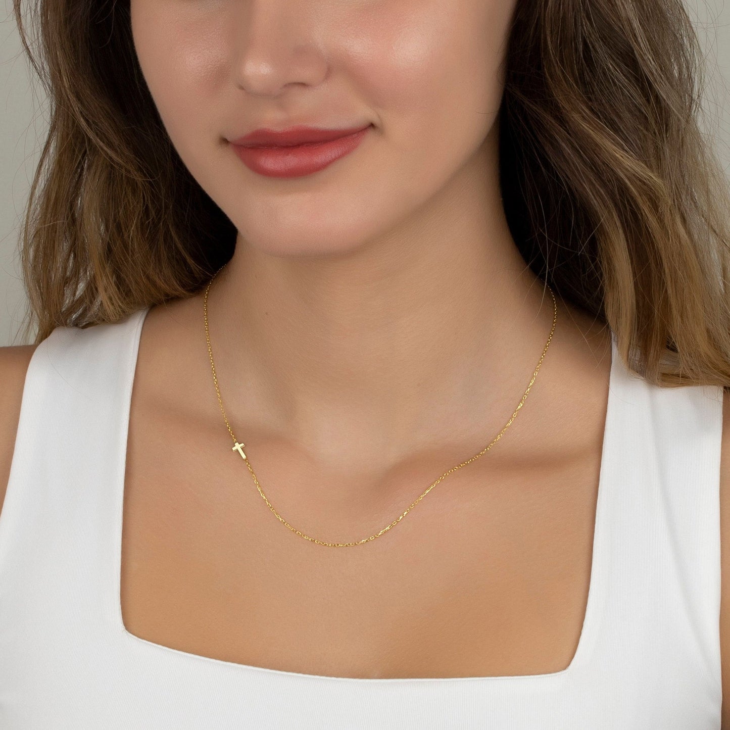 14K Solid Gold Sideways Cross Necklace, Christmas Cross Necklace Gift, Real Gold cross Jewelry, Cross Choker, White Gold Cross Pendant - Geniune Jewellery