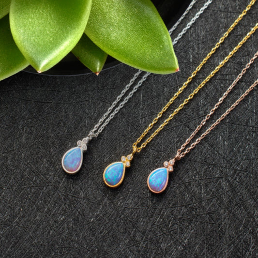 Blue Opal Tear Drop Necklace, Opal Pendant, Pear Shape Opal Necklace, Fire Opal Necklace, Mothers Day Gift, Opal Jewelry, Gemstone Necklace